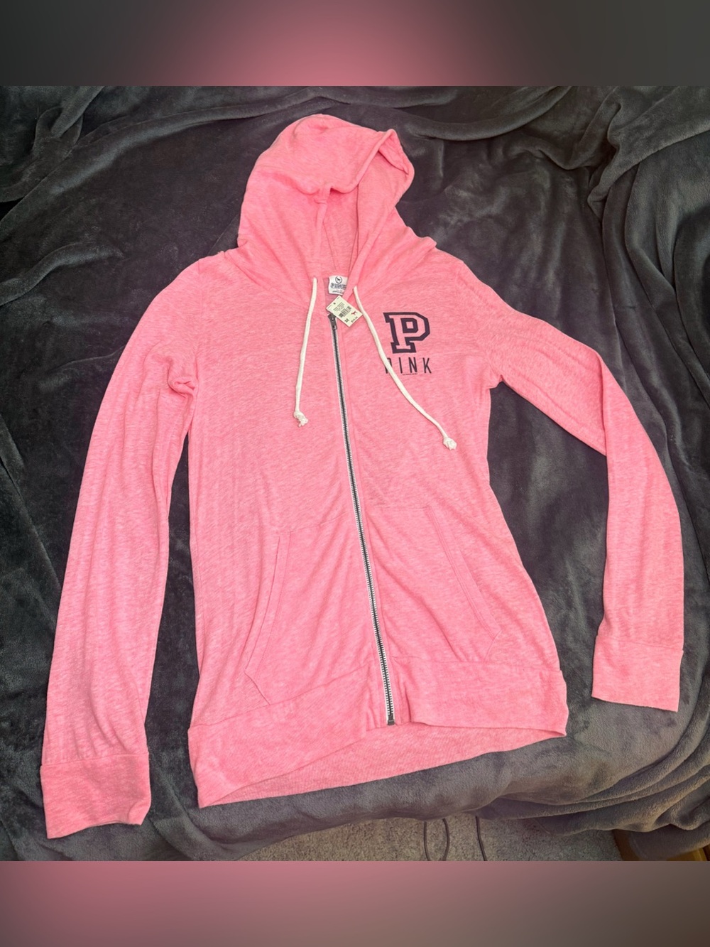 NWT PINK Victoria's Secret Zip-Up Logo Hoodie Lounge Jacket Bubblegum Pink White